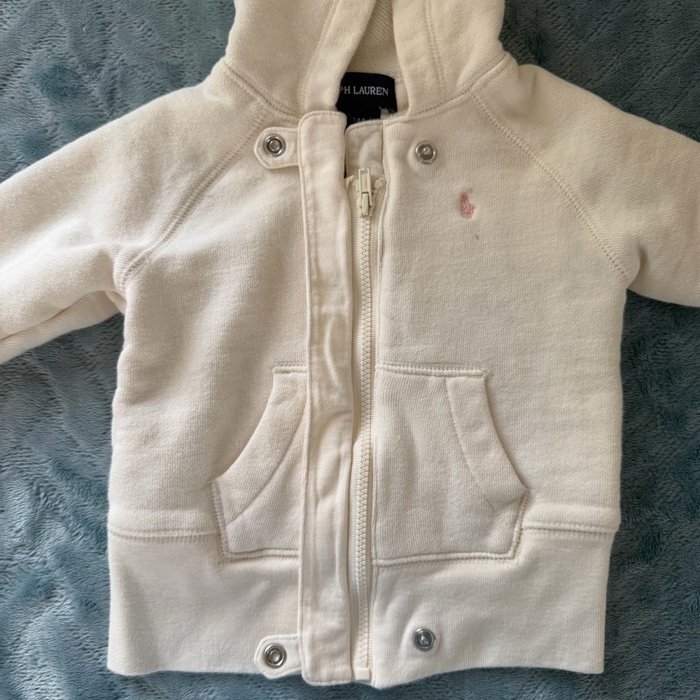 Ralph Lauren Baby Cream Cotton Hoodie Jacket 12M Pink Pony Logo Preppy Soft Cozy - Picture 7 of 10
